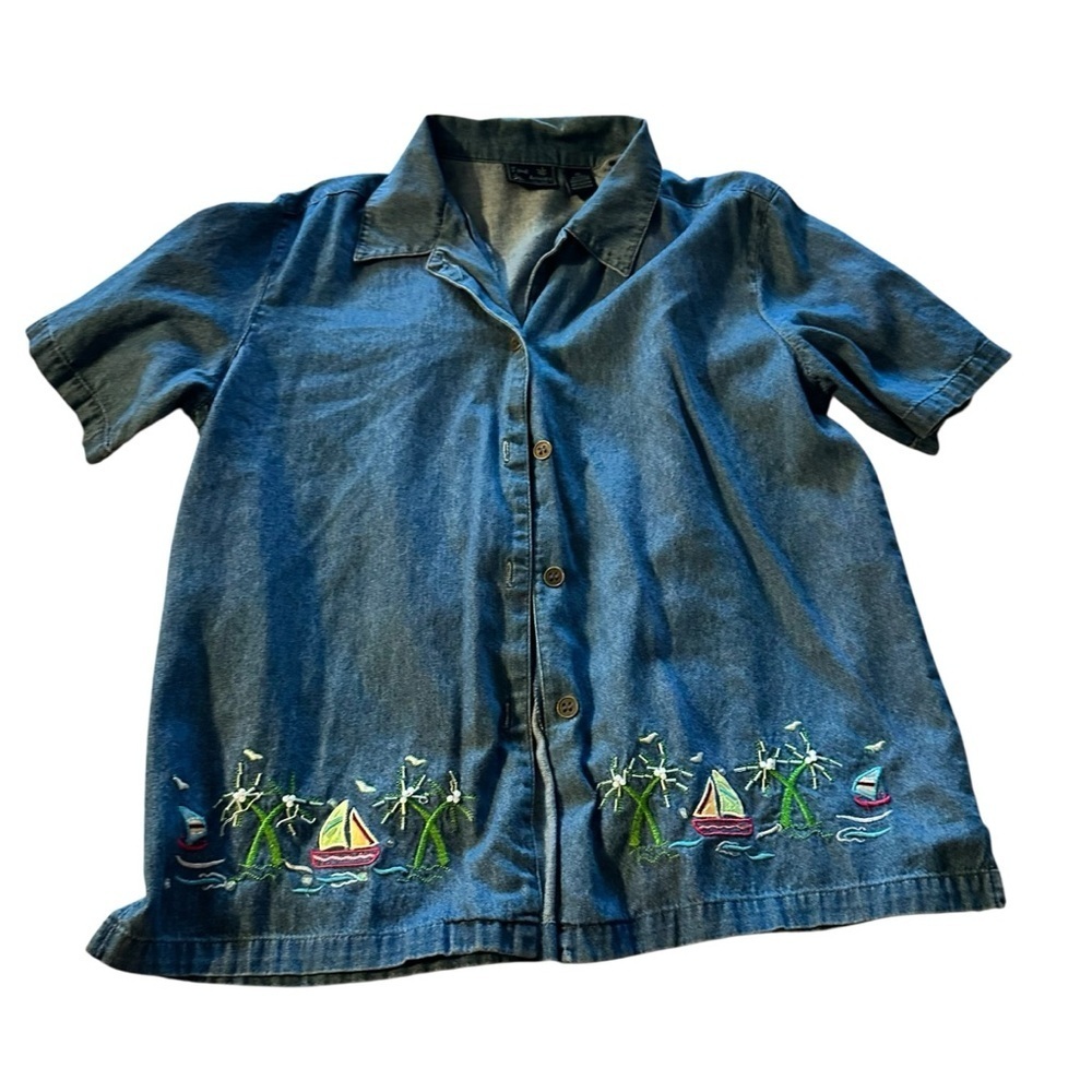 Jane Ashley Vintage Denim Shirt with Beaded Embroidered Boats